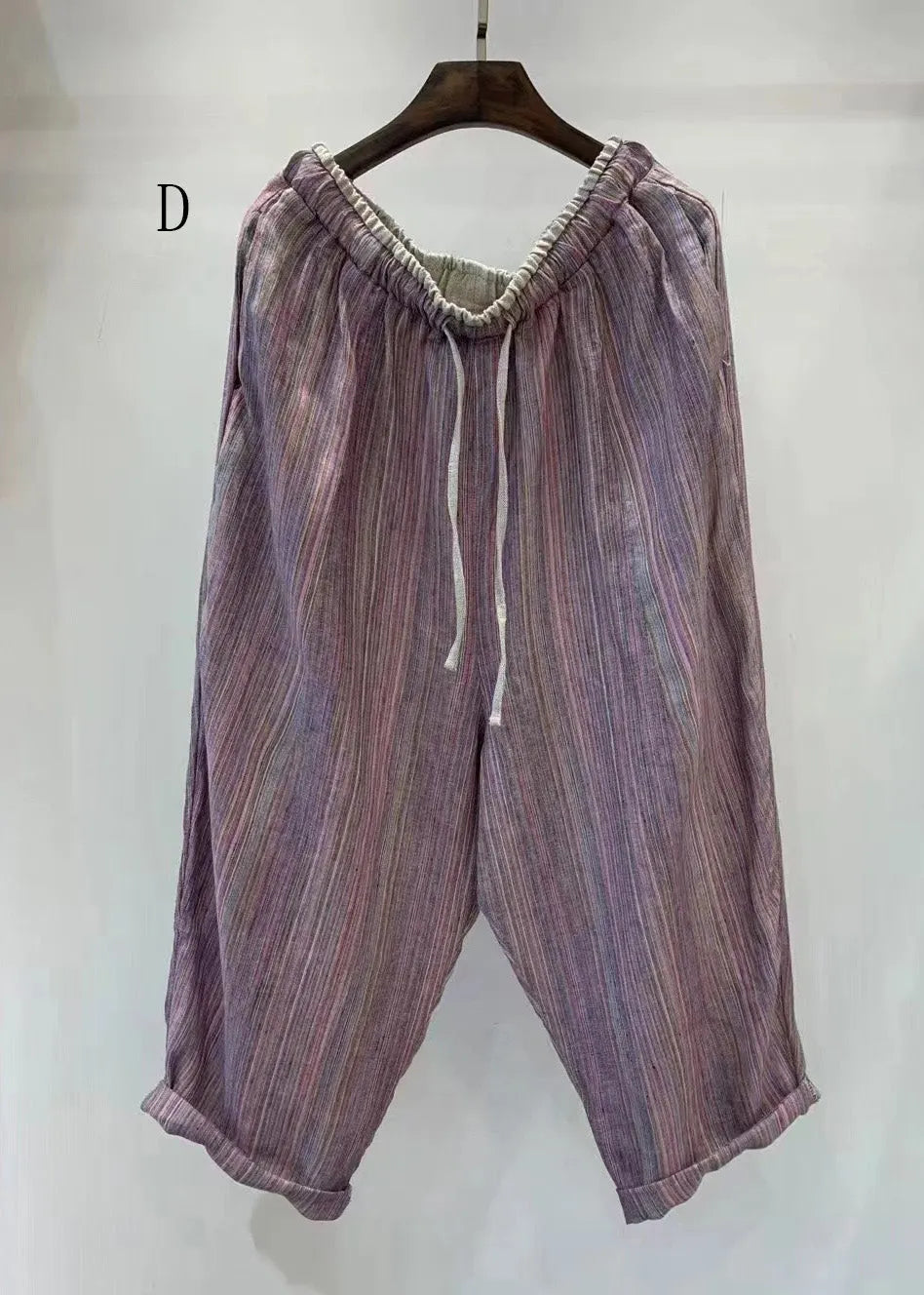 Natural Striped Elastic Waist Lace Up Linen Pants Summer