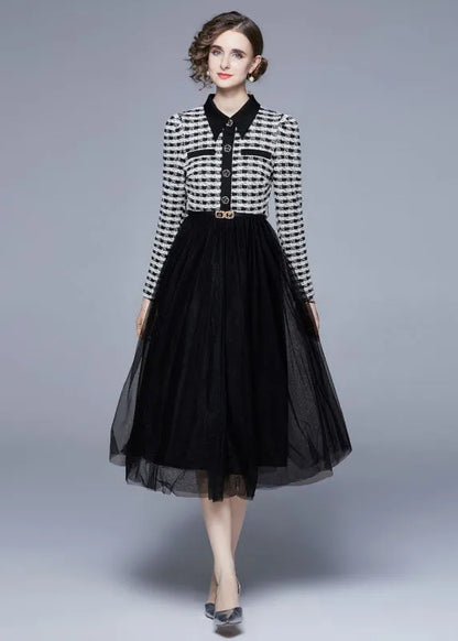 Black Peter Pan Collar Patchwork Tulle Cinch Dress Spring