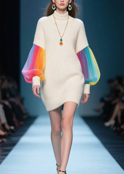 Art Beige Hign Neck Tulle Patchwork Knit Sweater Dress Fall