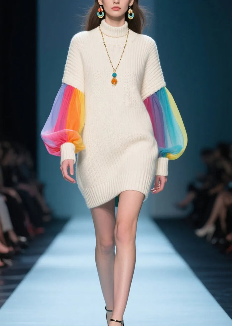 Art Beige Hign Neck Tulle Patchwork Knit Sweater Dress Fall