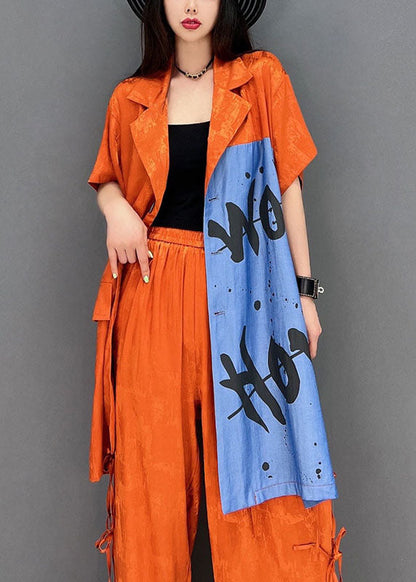 Orange Patchwork Cotton Two Piece Set Clothing Peter Pan Collar Spring