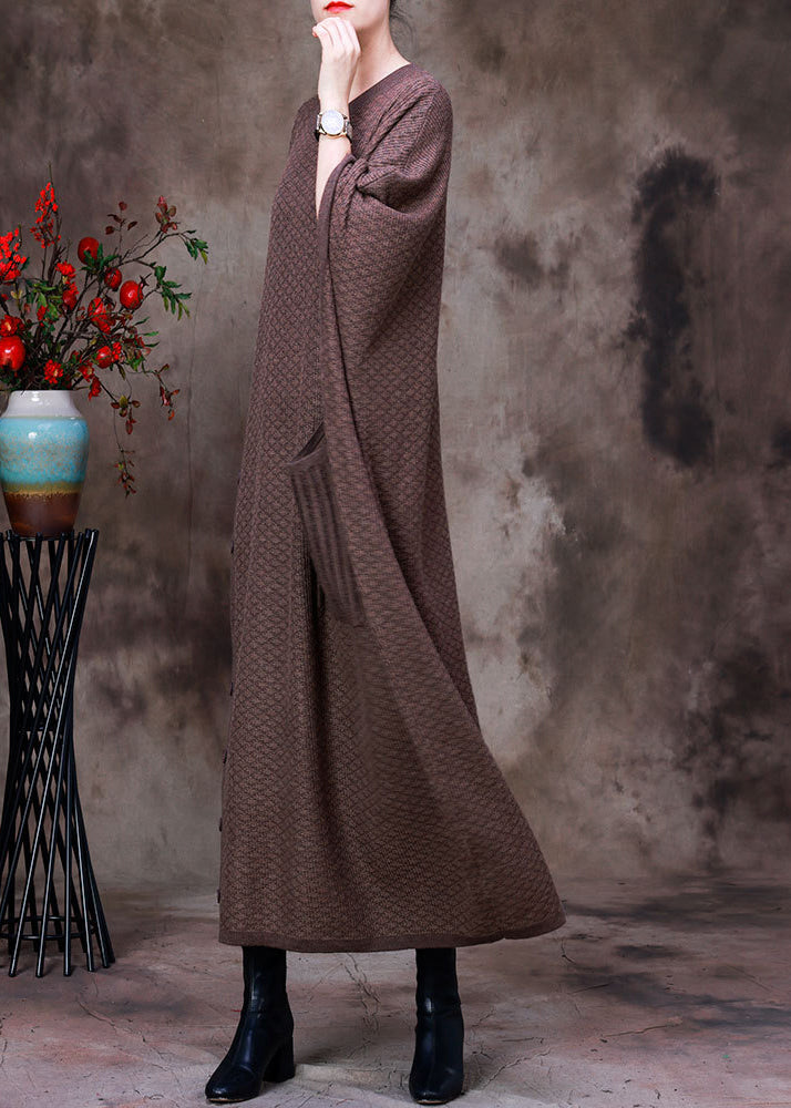 Light Chocolate O-neck Button Pockets Cashmere Maxi Dress Long Sleeve