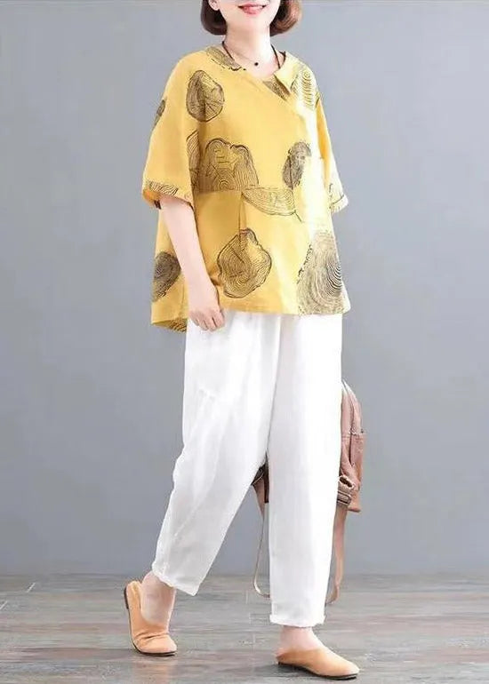 Retro Yellow O-neck Print Top and Crop Pants Two Pieces Set Summer