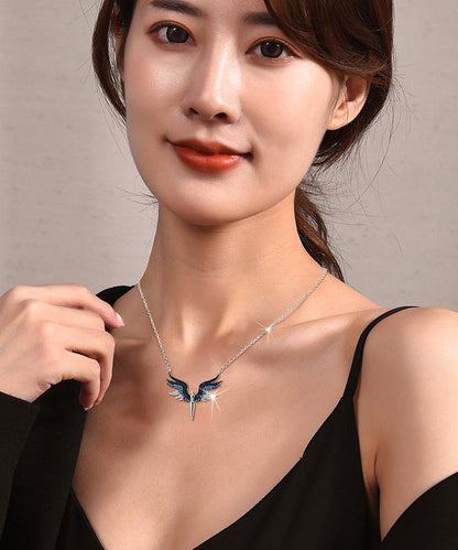 Blue Zircon Wing Metal Pendant Necklace