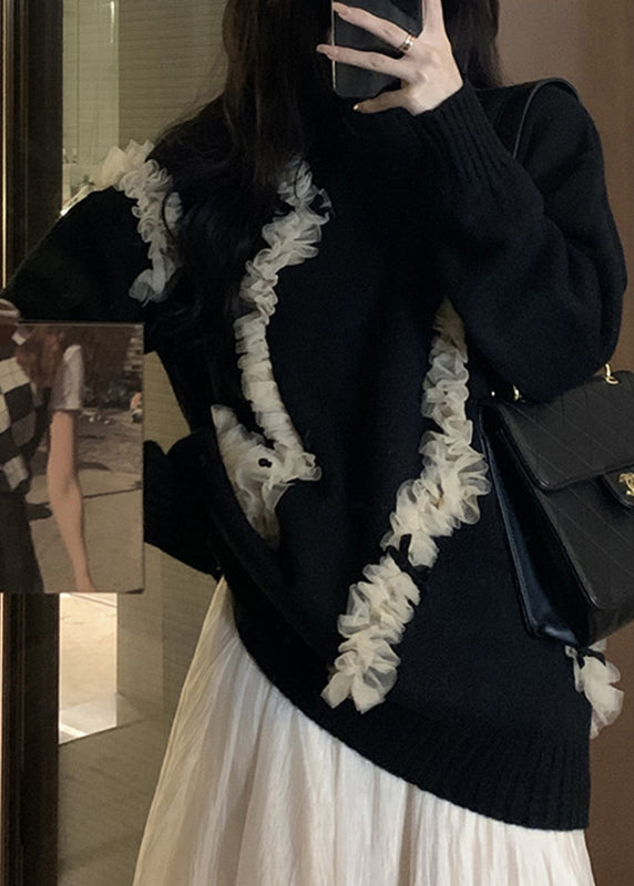 Organic Black O-neck Tulle Patchwork Thick Knit Sweaters Fall