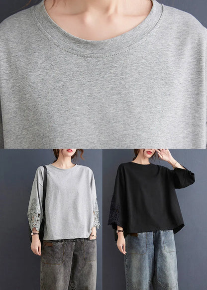 Brief Black O-neck Lace Patchwork Sweatshirts Top Three Quarter Sleeve
