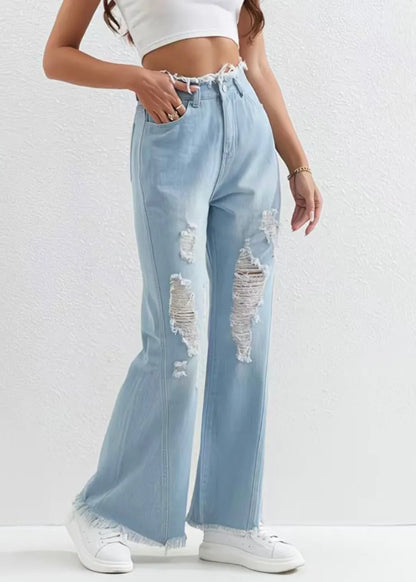 Stylish Blue Pockets Patchwork Flared Ripped Jeans Fall