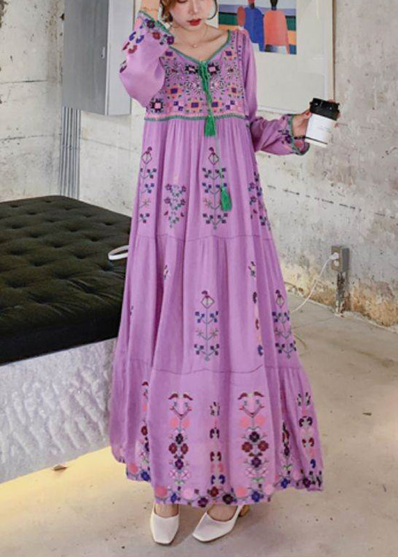 Purple O-neck Neck Tie Tassel Patchwork Cotton Holiday Dress Long Sleeve