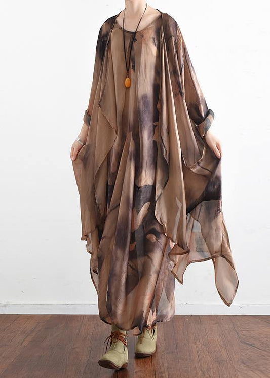 Khaki Print Asymmetrical Design Long Summer Chiffon Dress