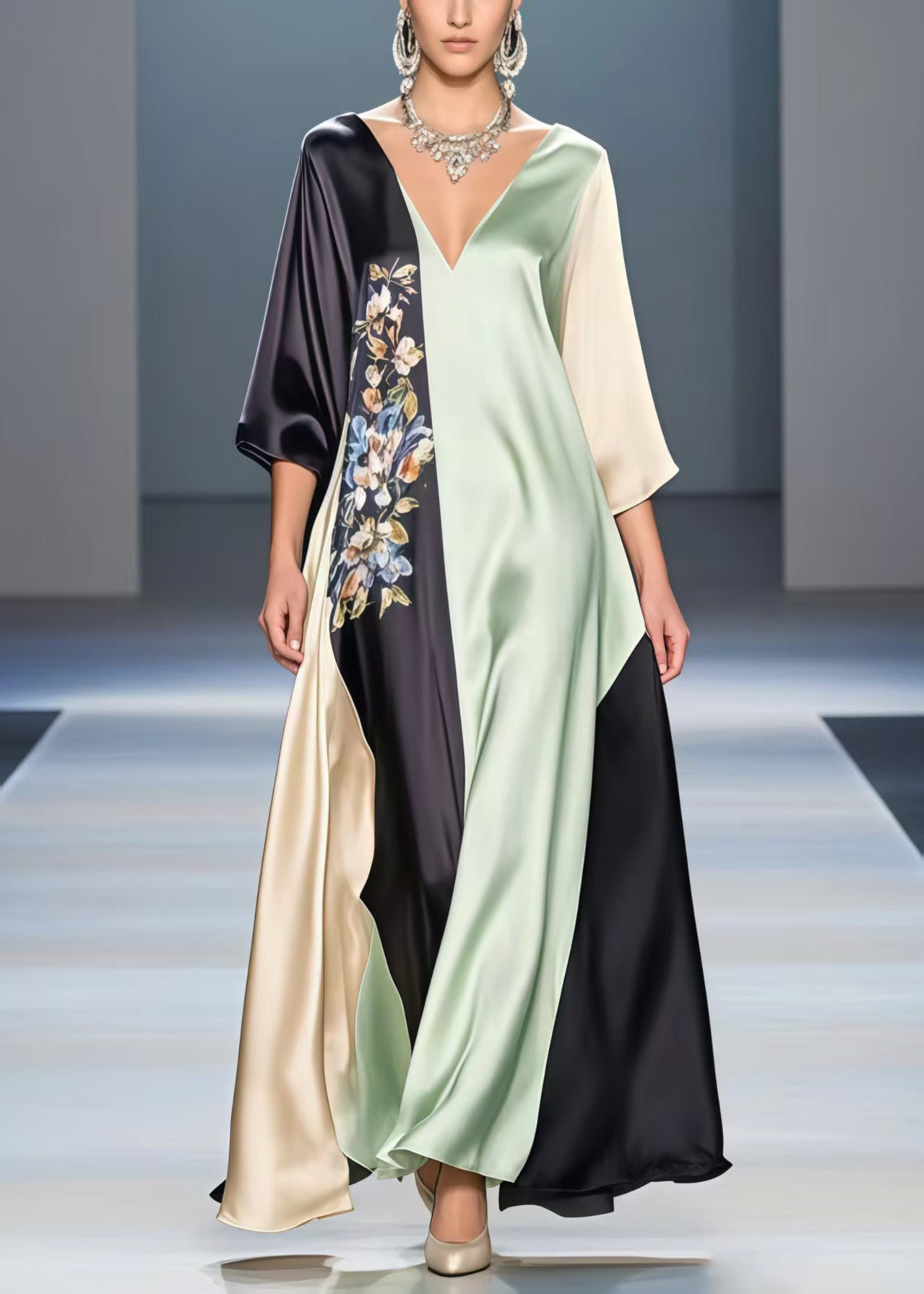 Multicolour V Neck Patchwork Print Silk Party Dress Summer