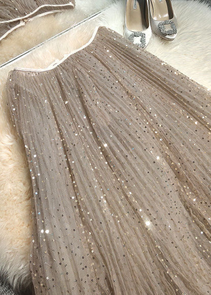 Khaki Embroideried Sequins Tulle a Line Skirt Spring