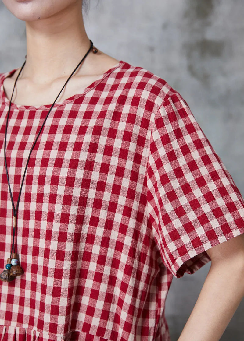 Classy Red Oversized Plaid Linen Dress Summer