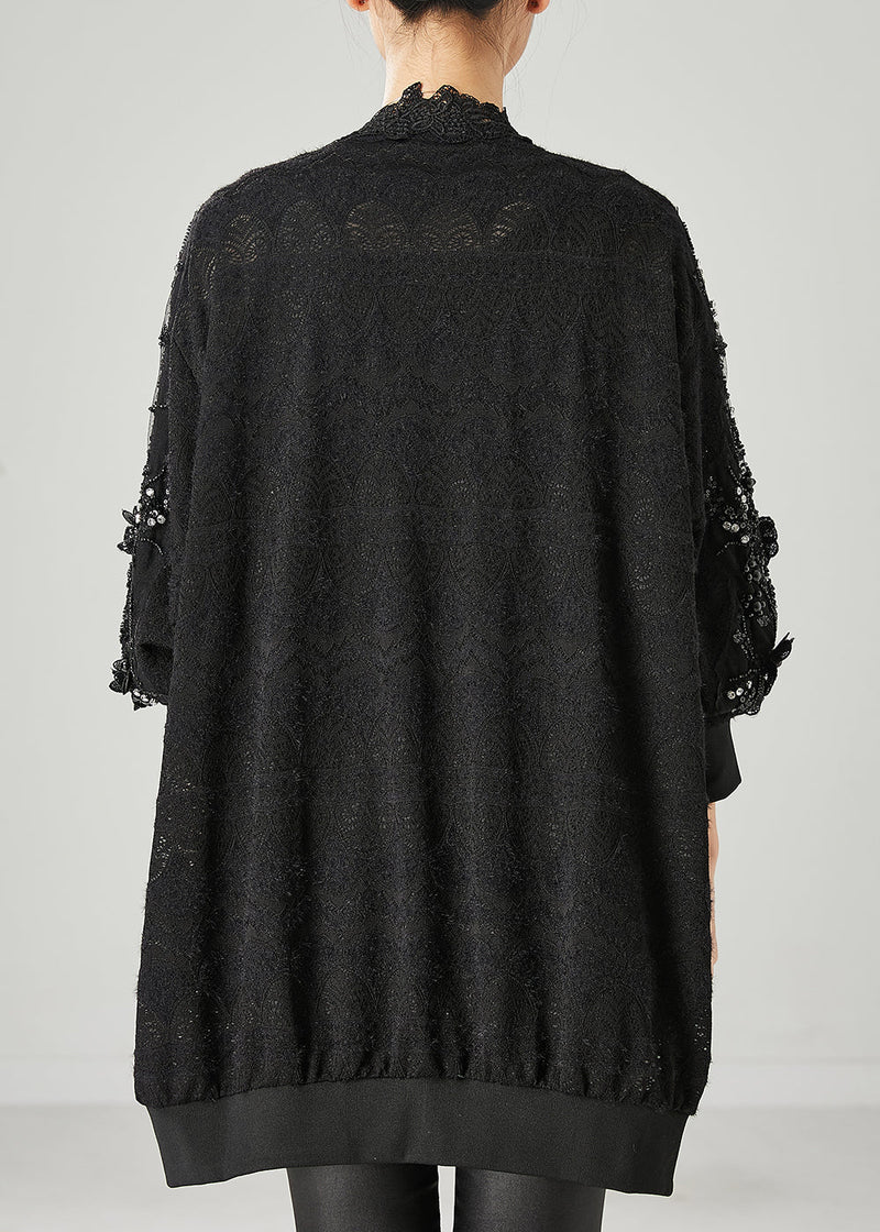 Black Ruffled Nail Bead Lace Cardigan Spring