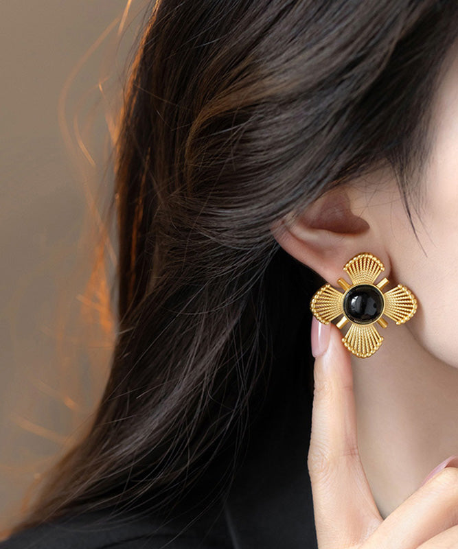Gold Copper Crystal Hollow Out Stud Earrings