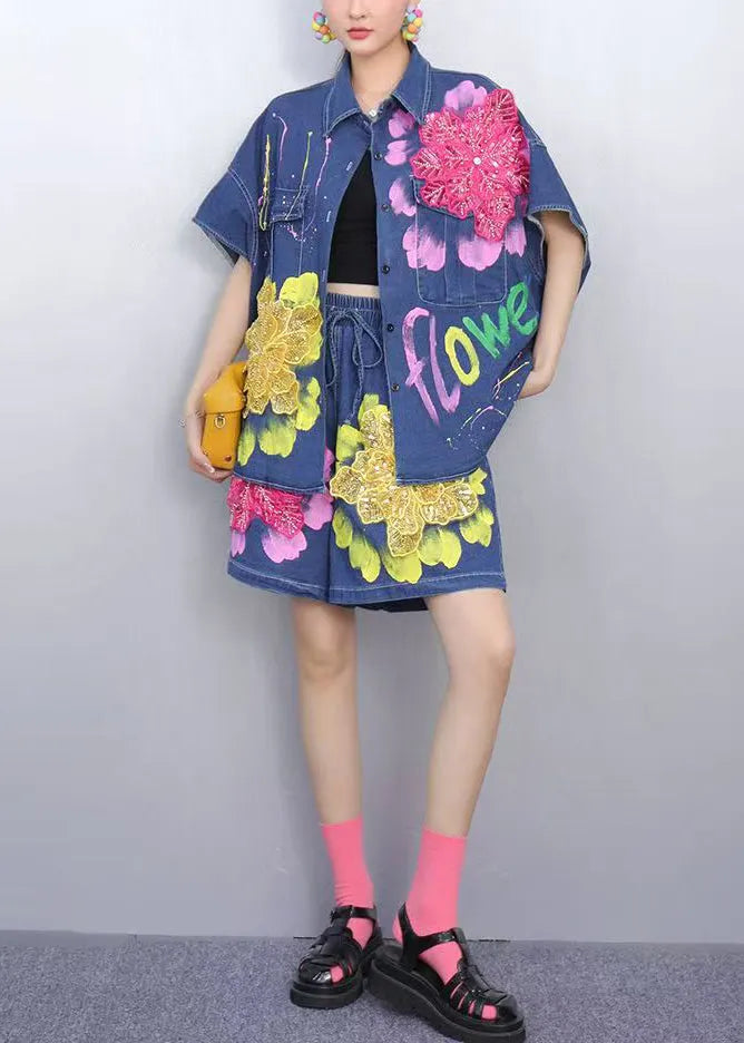 Novelty Blue Sequins Print Patchwork Denim Two Pieces Set Summer