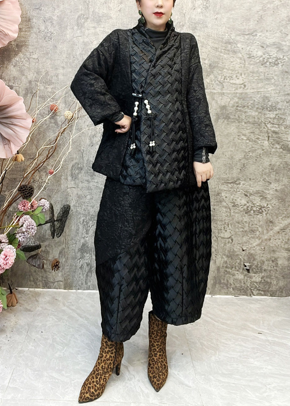 Black Button Patchwork Cotton Filled Two Pieces Set V Neck Long Sleeve