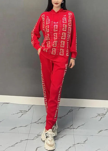 Black Print Hooded Top and Beam Pants Two Pieces Set Spring