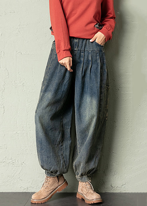 Blue Pockets Elastic Waist Denim Crop Pants Spring