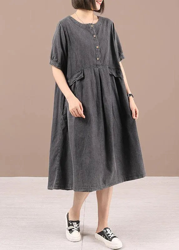 Blue Button Cinched Denim Summer Dresses