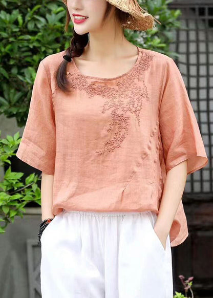 Orange O-neck Embroideried Linen Shirt Top Short Sleeve