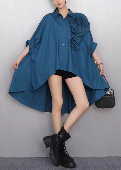 Navy Oversized Stereoscopic Flower Low High Design Long Shirts