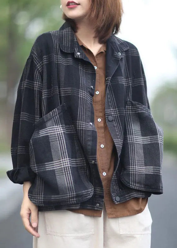 Diy Black Peter Pan Collar Pockets Plaid Denim Coats Spring
