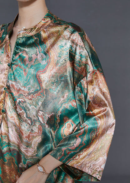Stand Collar Print Silk Shirt Bracelet Sleeve