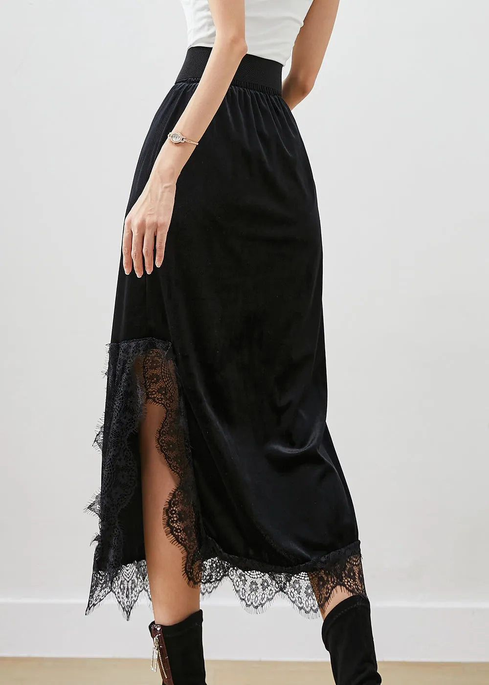 Black Lace Patchwork Side Open Silk Velour Skirts Fall
