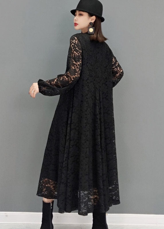 Black V Neck Hollow Out Lace Dresses Spring