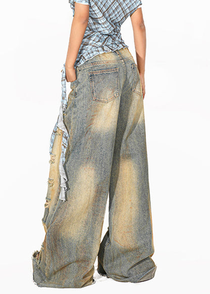 Blue High Waist Pockets Patchwork Wide Leg Jeans