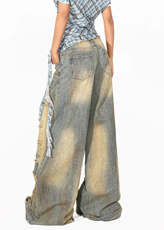 Blue High Waist Pockets Patchwork Wide Leg Jeans