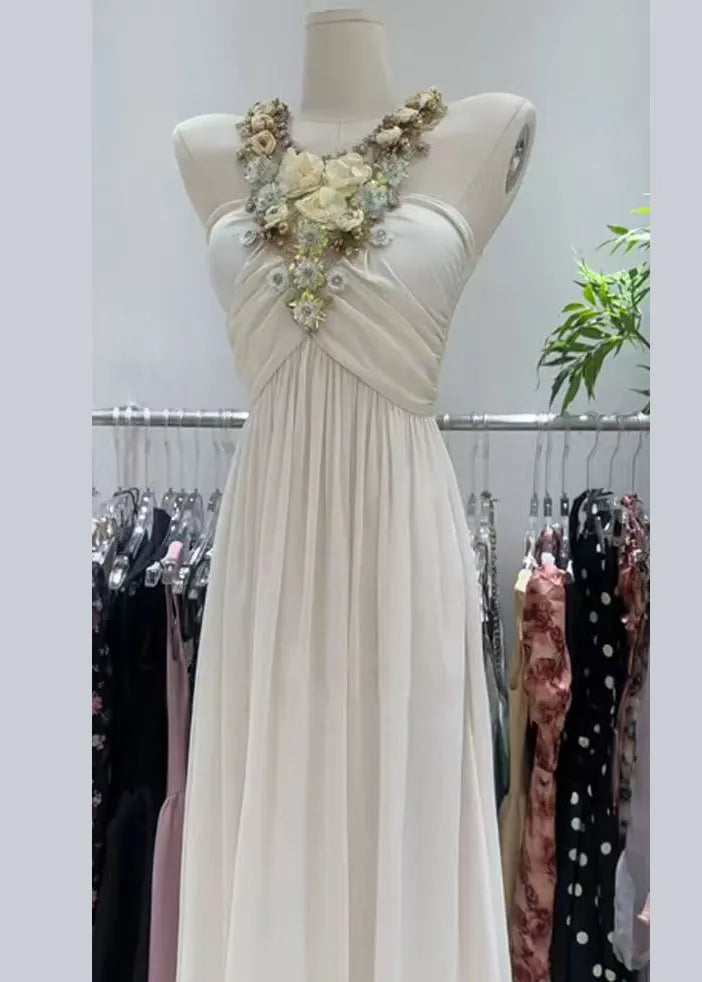 White Zircon Wrinkled Patchwork Cotton Long Dress Sleeveless