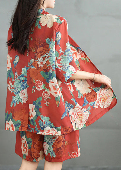Red Print Pockets Cotton Two Pieces Set Half Sleeve