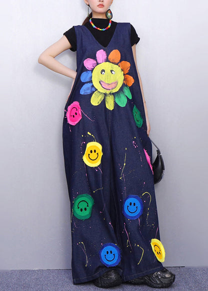 Vibrant Smiley Festooned Blue Denim Jumpsuit Look