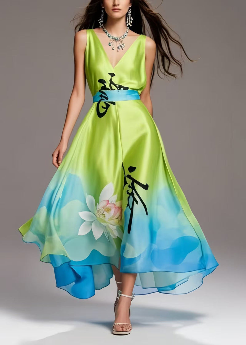 Grass Green Print Exra Large Hem Silk Party Dress Summer