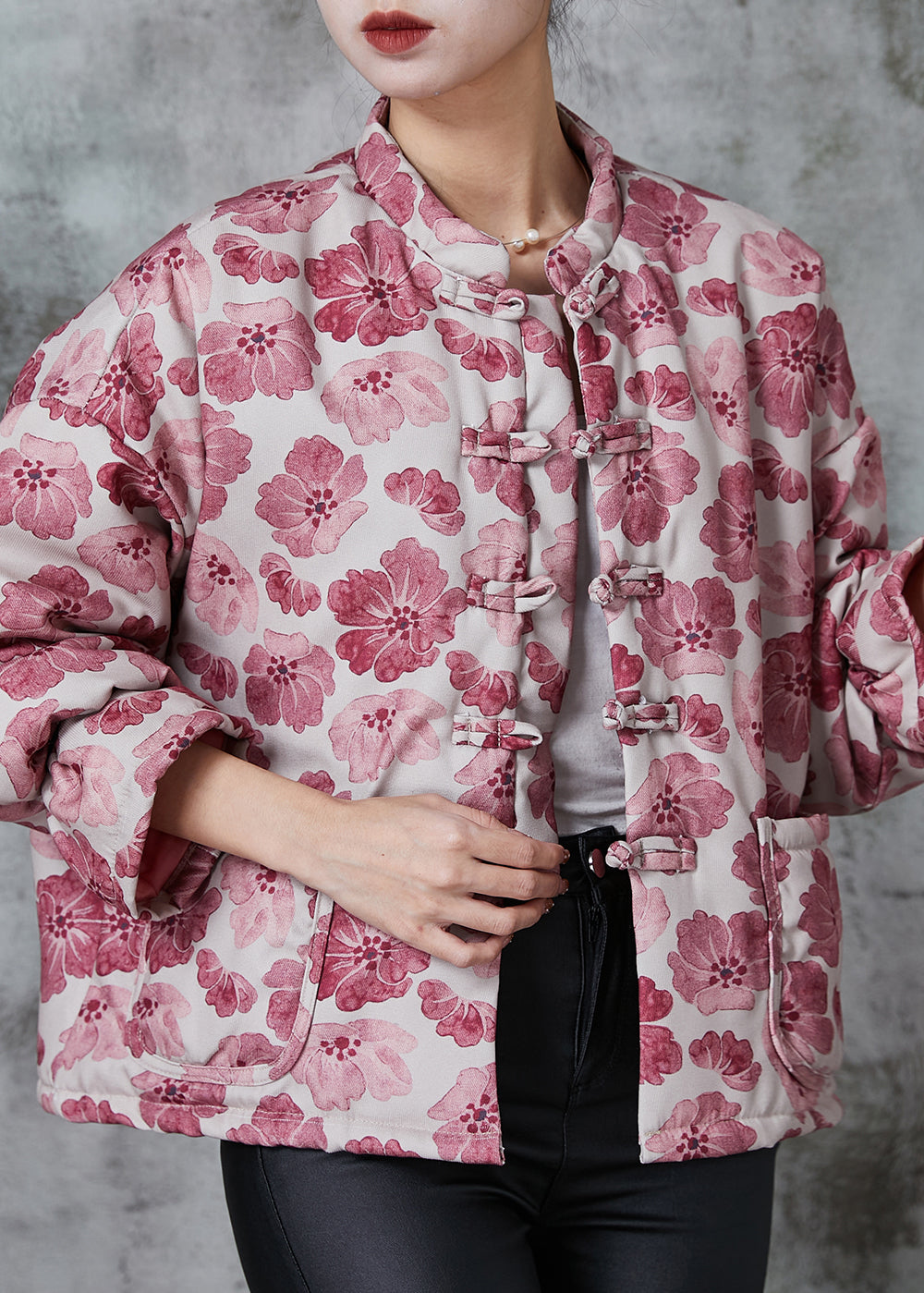 Pink Print Fine Cotton Filled Oriental Coats Spring
