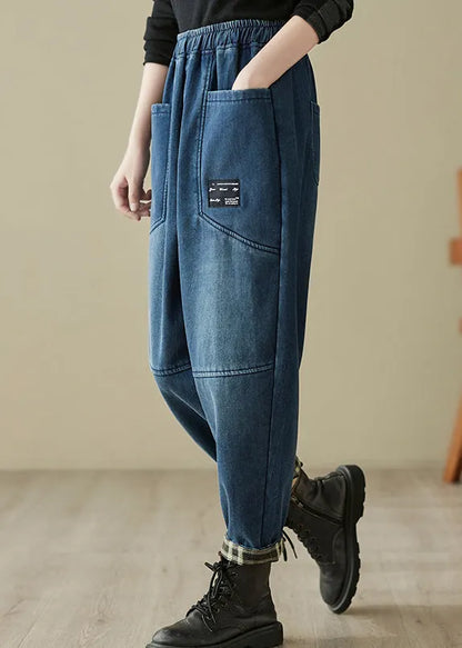 Natural Blue Pockets High Waist Warm Fleece Denim Harem Pants Winter
