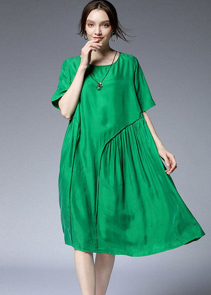 Green O-neck Asymmetrical Silk Holiday Dresses Short Sleeve