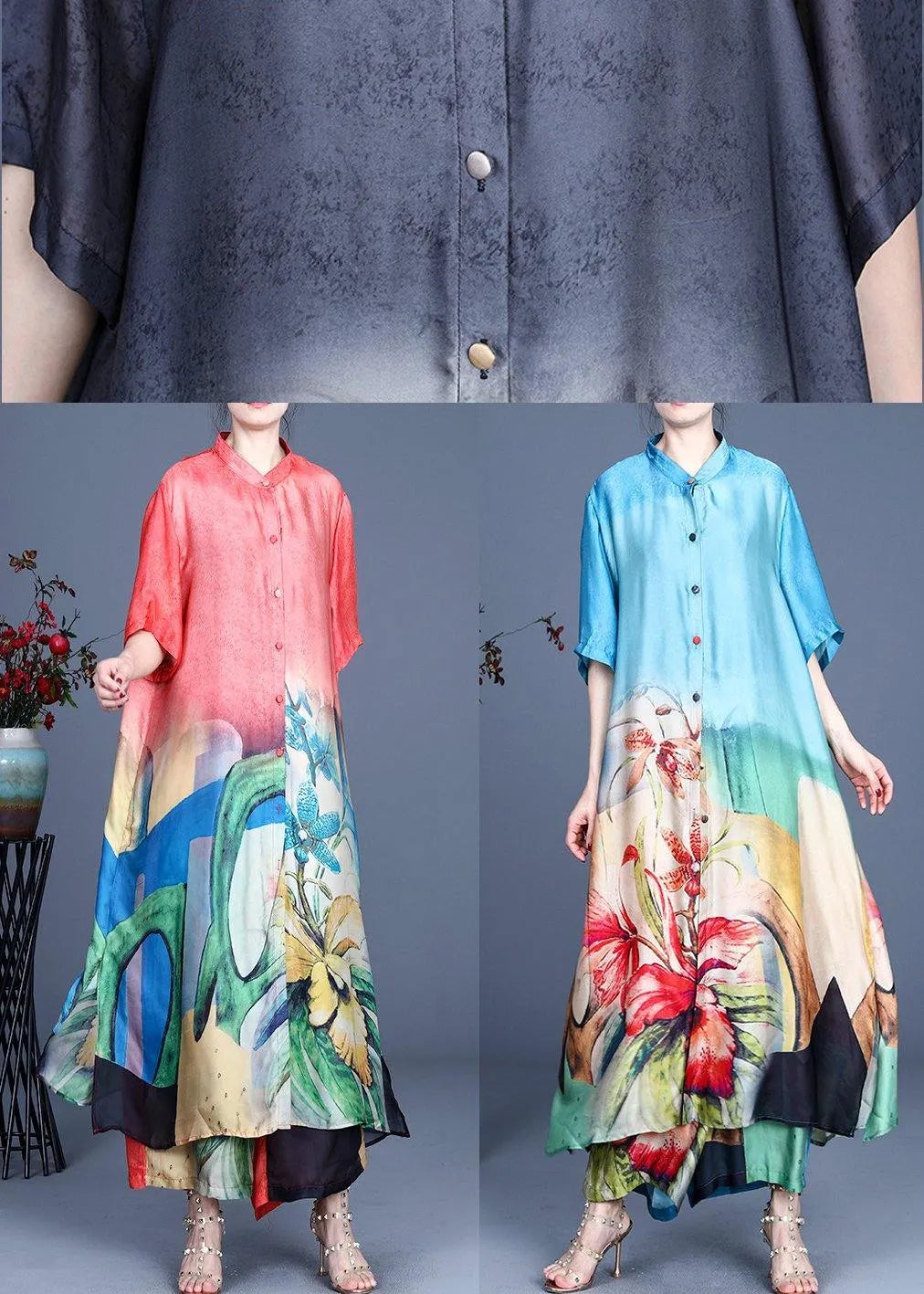Blue Print Long Silk Two Pieces Set Summer