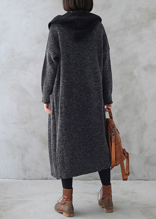 Dark Grey Wool Patchwork Knit Hooded Maxi Trench Coats Fall