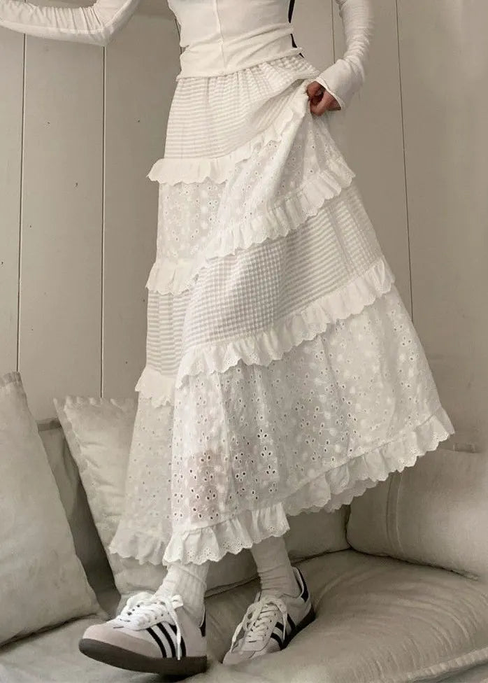 White Ruffled Hollow Out Cotton Skirts Summer