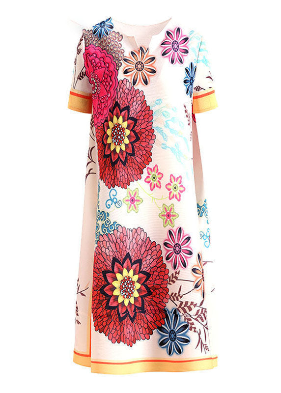White V Neck Wrinkled Print Side Open Silk Maxi Dresses Short Sleeve