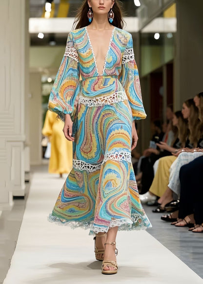 Print Patchwork Lace Long Dress Spring
