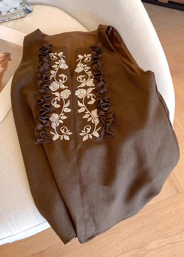 Chocolate Embroideried Ruffled Linen Vests Summer