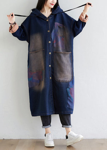 Simple Dark Blue Drawstring Hooded Pockets Print Denim Trench Coats Spring
