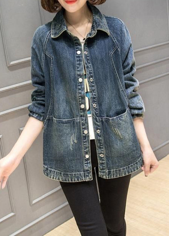 Blue Peter Pan Collar Pockets Patchwork Denim Coats Fall