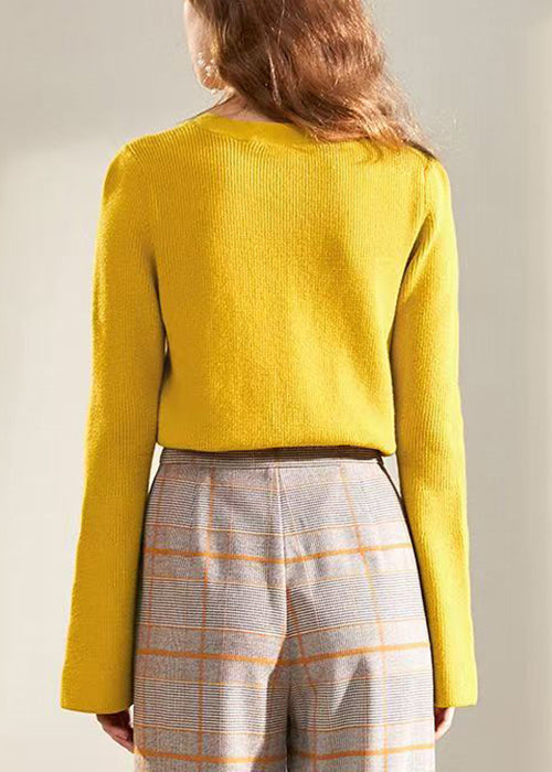 Yellow V Neck Lace Up Knit Sweater Flare Sleeve