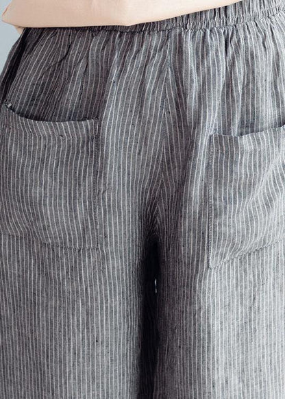 Grey Striped Pockets Wide Leg Fall Pants