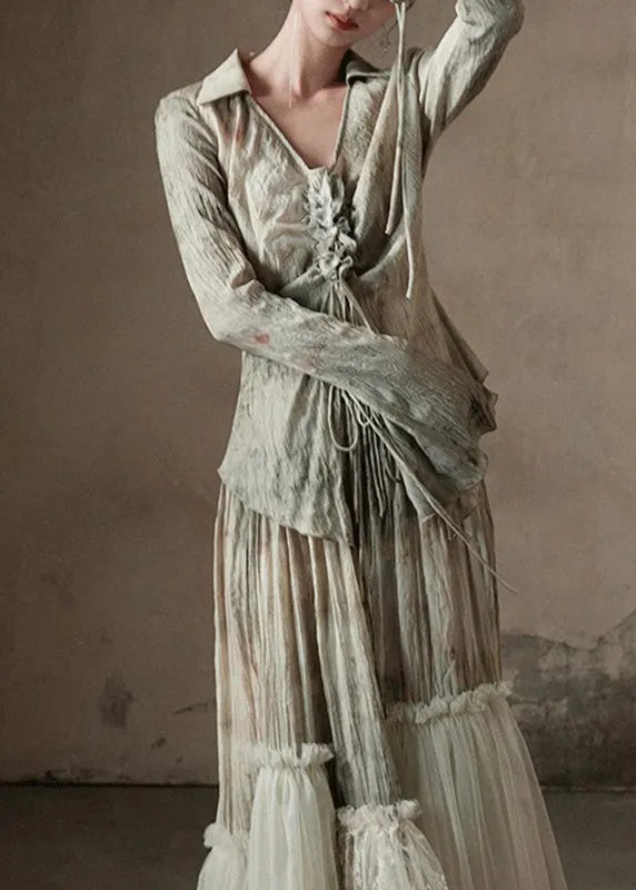 Retro Light Green Peter Pan Collar Tulle Patchwork Shirt and Maxi Skirts Two Piece Set Flare Sleeve