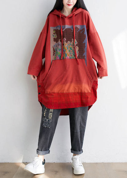 Red Hooded Pockets Print Cotton Sweatshirt Dress Spring